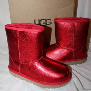 NIB UGG RED METALLIC GLITTER CLASSIC SHORT BOOTS‎ YOUTH 4 5 WOMEN'S 6 7